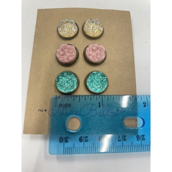 Druzy Earrings 3 Pairs Sparkly Round Stud Pink Teal Gold tone  Minimalist - Picture 5 of 5